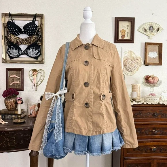 preppy classic girly grunge tan button up twee jacket w chunky buttons - Picture 1 of 6
